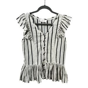 Dear John Blouse Size M Cream Charcoal Stripe Peplum Ruffle Cottagecore Prairie